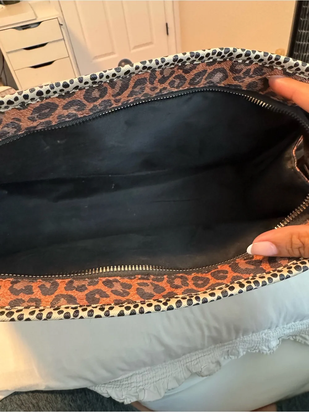 Nicole Miller Leopard-Print Cosmetic Bag in Brown with Black Trim